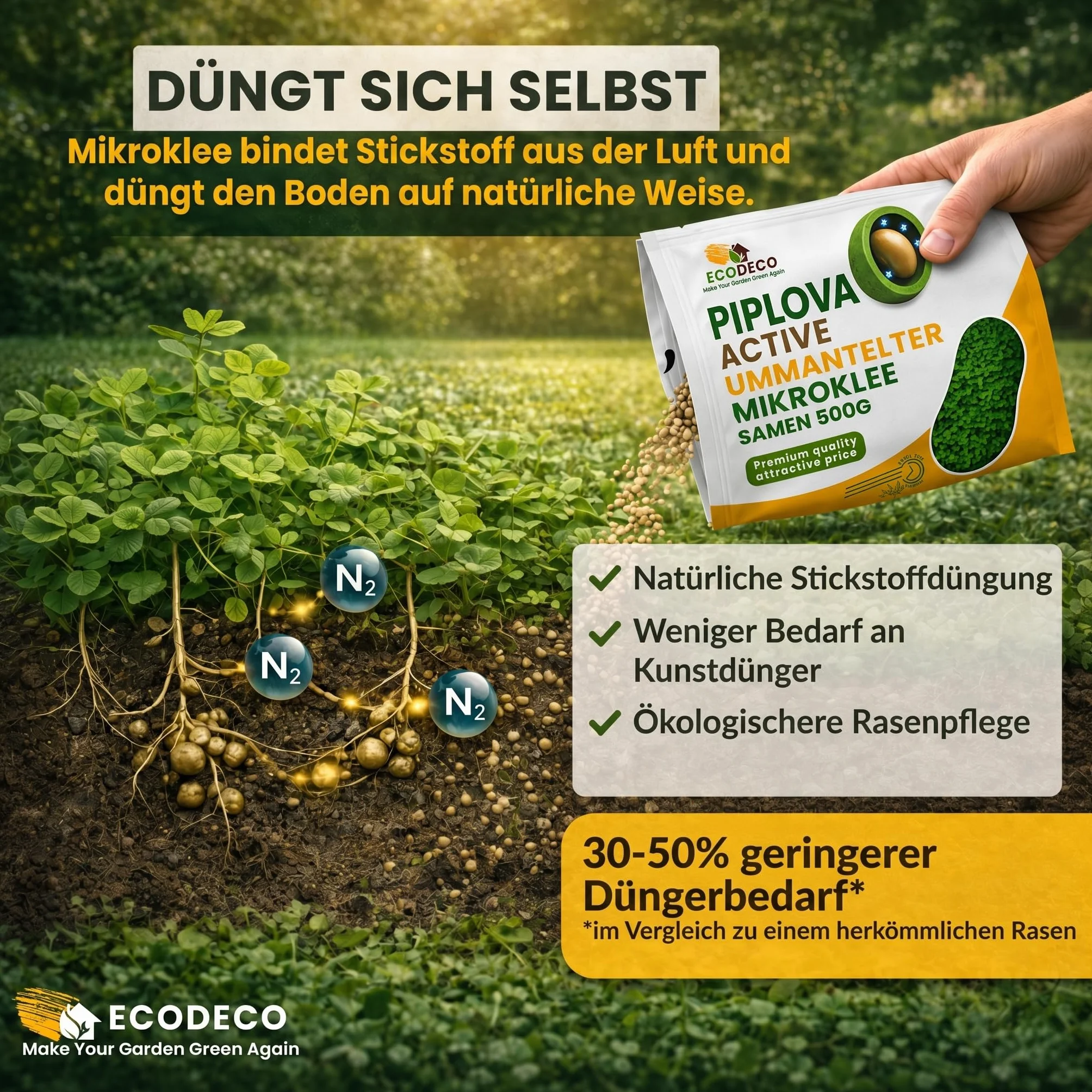 Semillas Césped Trébol Enano 500g (200m²) - Blanco Microtrébol Tapizante Resistente para Jardín