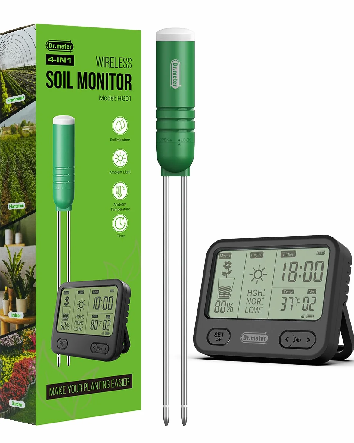 Dr.meter Medidor Humedad Plantas 4 en 1 con Temperatura Luz Tiempo Agua Suelo Higrometro