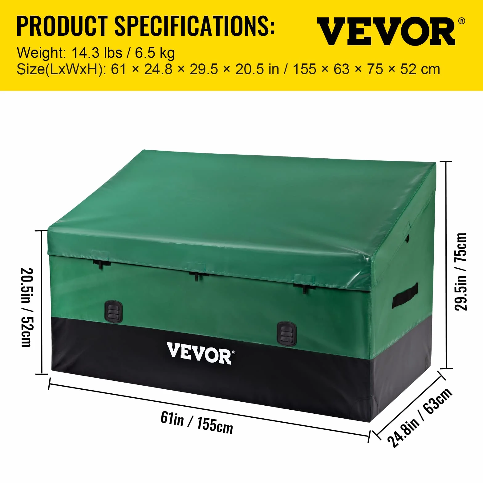 VEVOR Caja de Almacenamiento Exteriores 150 Galones Arcón Jardín Tela Lona PE Baúl Portátil 155x63x75x52 cm Verde