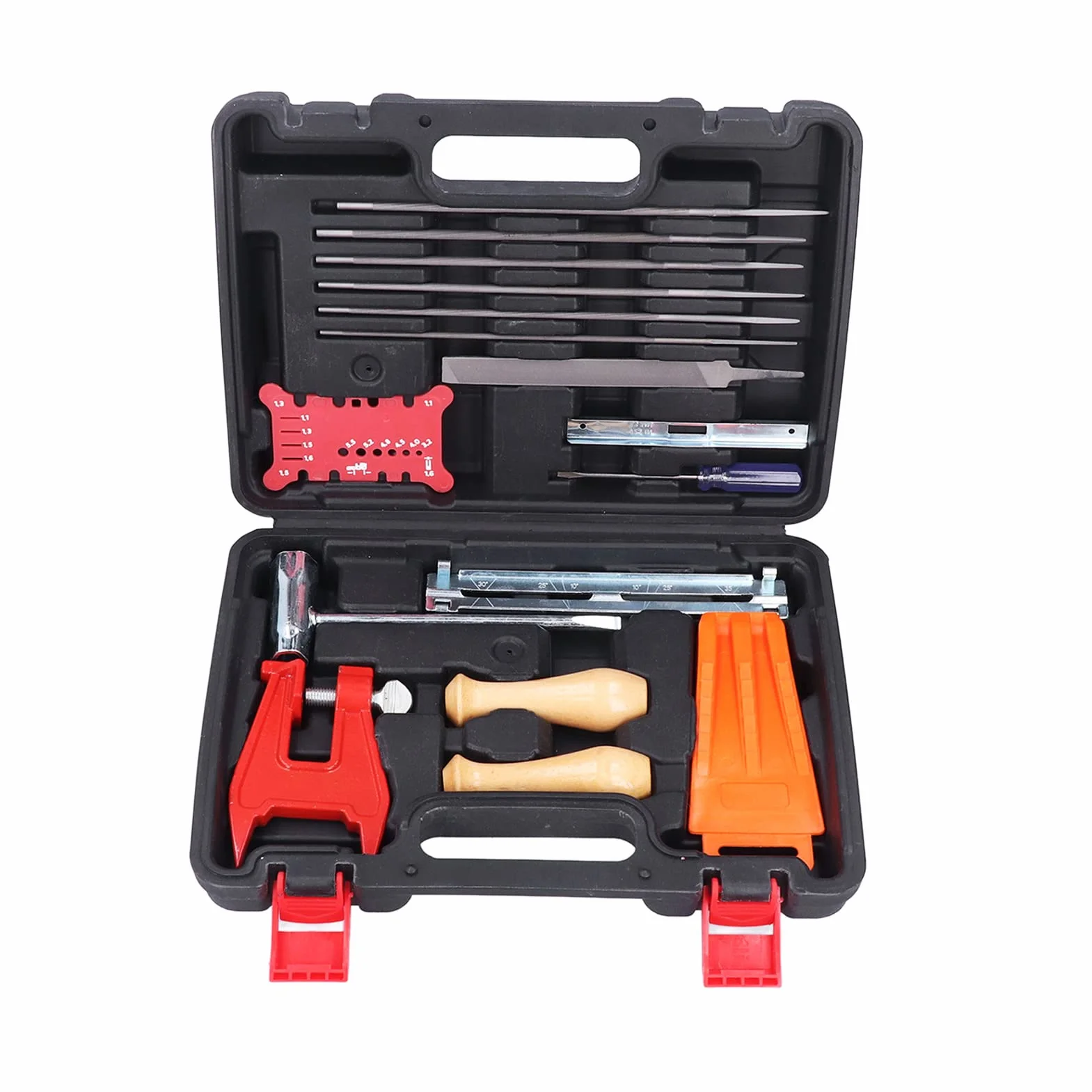 Kit de Afilado de Cadena para Motosierra de 16 Piezas, Conjunto Completo de Herramientas para afilar la Motosierra con limas Redondas y Planas, Soportes para limas y cuña de tala