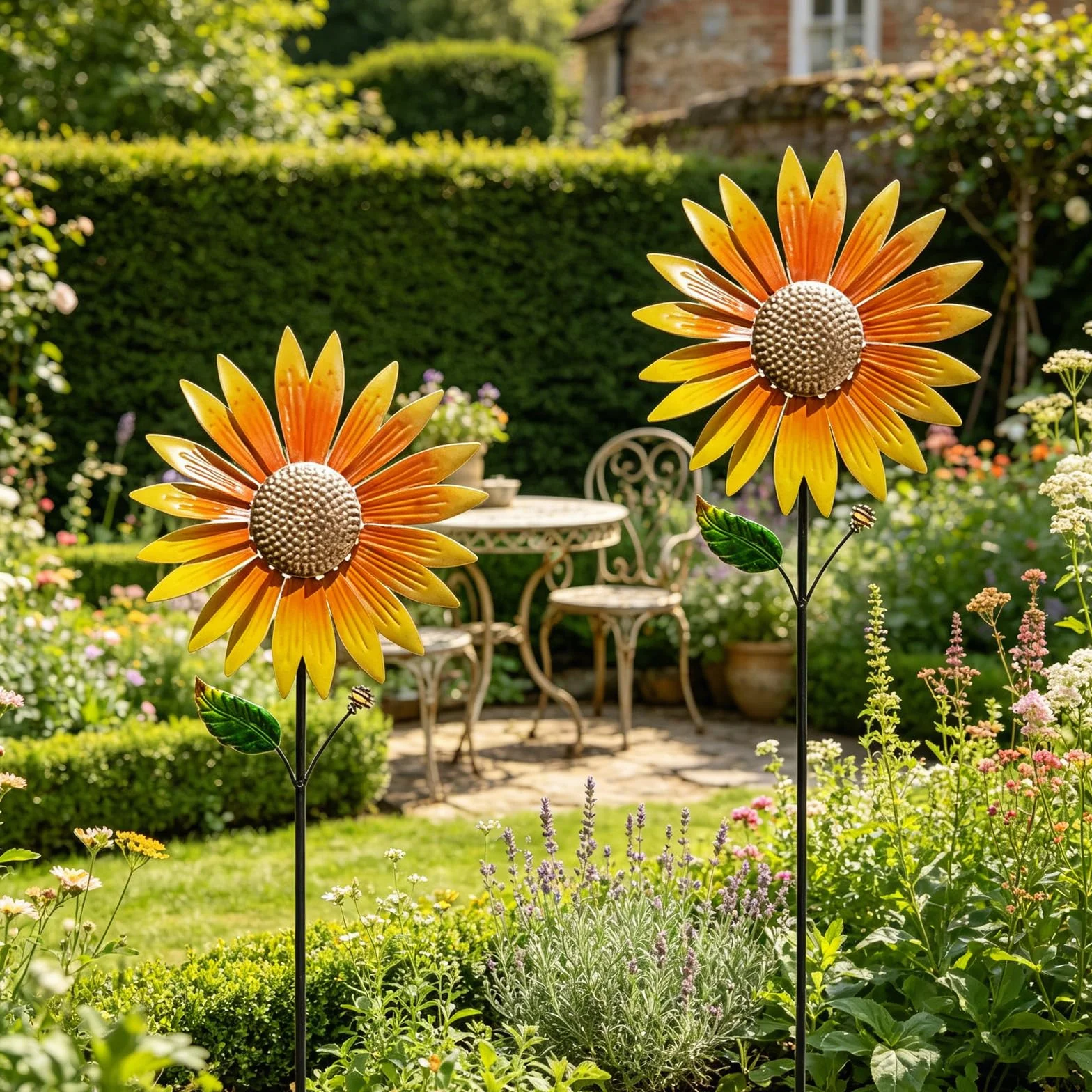 Molino de Viento de Girasol, 2 Piezas, Metal, Adornos de Jardín, Estacas Decorativas