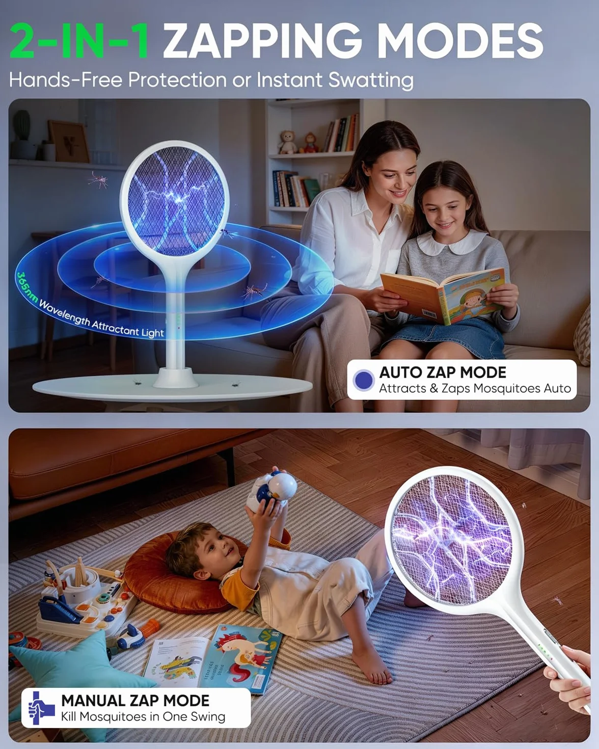 VIWAVE Raqueta Mosquitos Electrica 4000V, Matamoscas Electrico Recargable USB-C 1800mAh con Luz UV, 2 en 1, Blanco