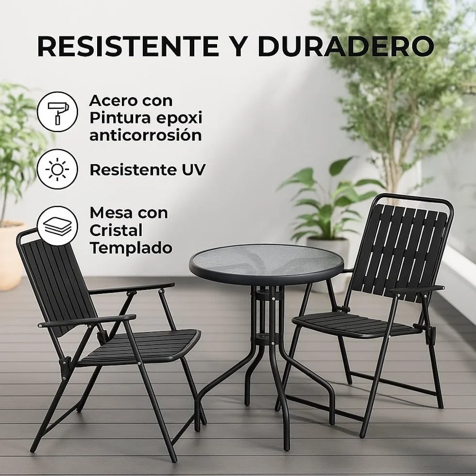 Monty Set de Jardín Bistro 3 Piezas Mesa 60cm 2 Sillas Plegables Negras Acero Polipropileno Cristal Templado