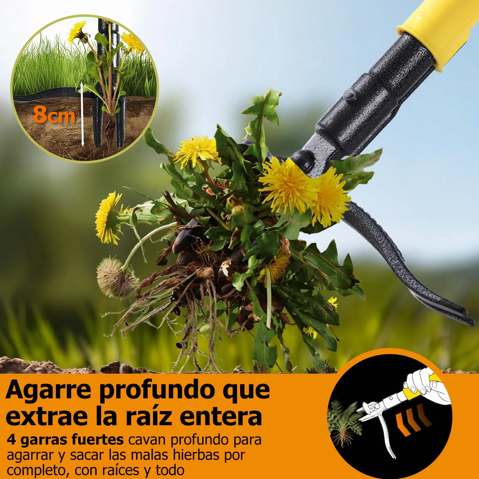 Desherbador Manual Extractor de Malas Hierbas 109 cm Mango Largo 4 Garras Extractor de Raíces