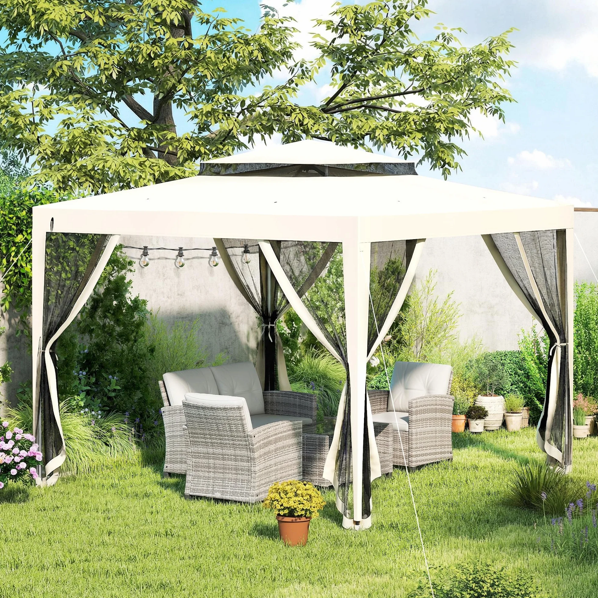 Outsunny Carpa de Jardín 3x3 m Cenador Desmontable de Exterior Gazebo con 4 Mosquiteras Laterales Techo Doble y Marco Metálico Anti-UV Impermeable Pabellón para Terraza Patio Crema