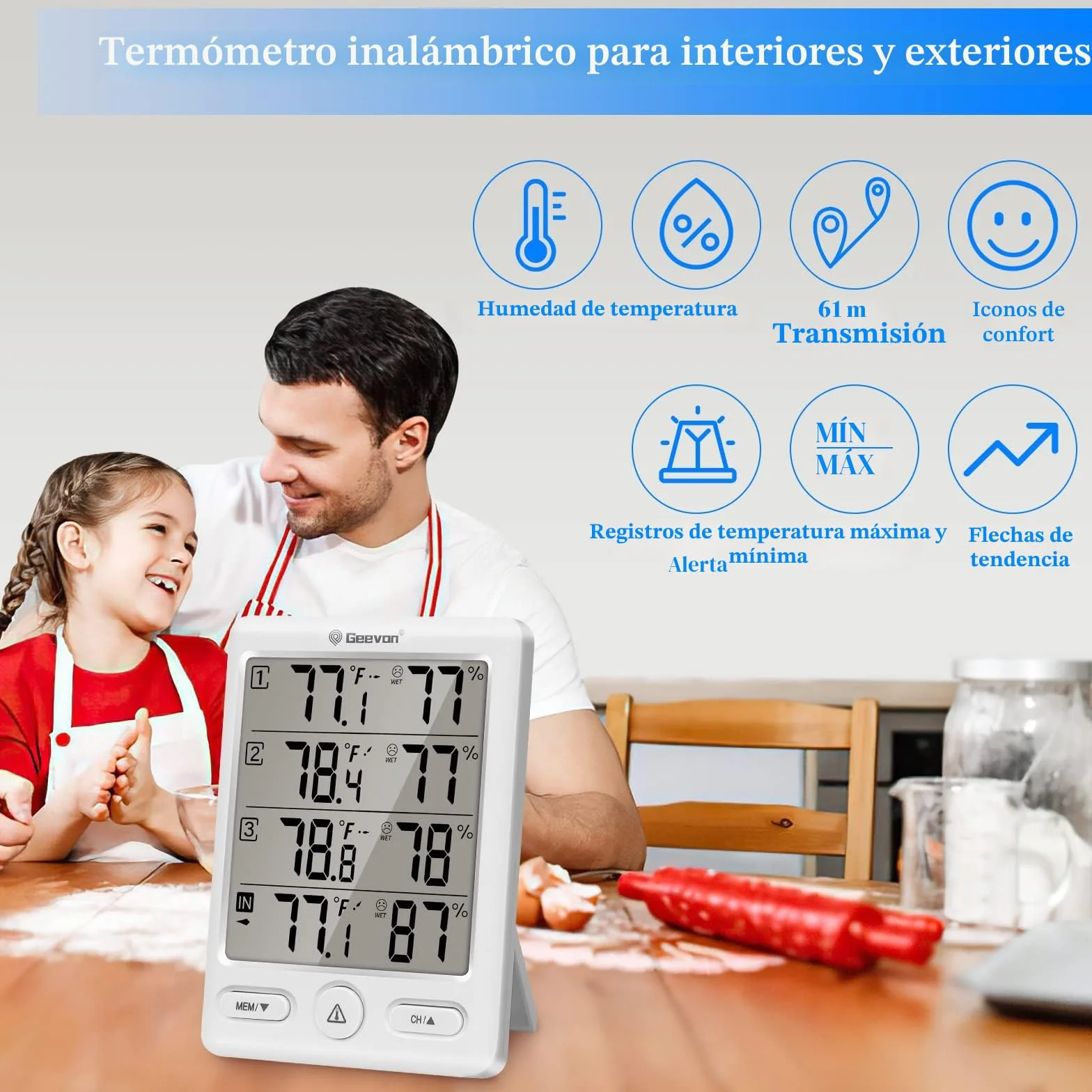 Geevon Termómetro inalámbrico interiores exteriores con 3 sensores remotos higrómetro digital rango 60 m