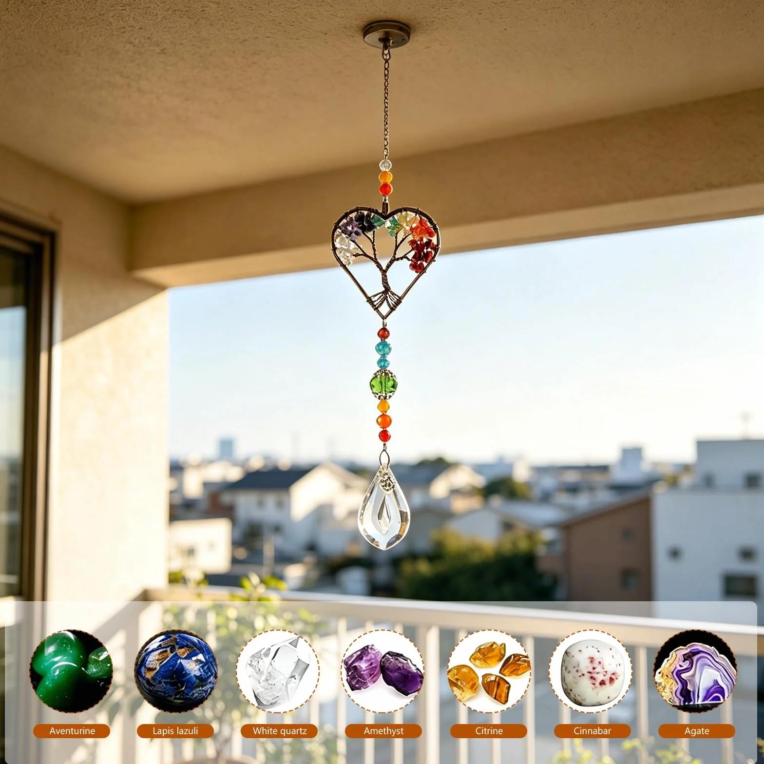Juego de 3 atrapasueños de cristal, decoración de ventana colgante con piedra natural y cristal, carillón de viento para jardín