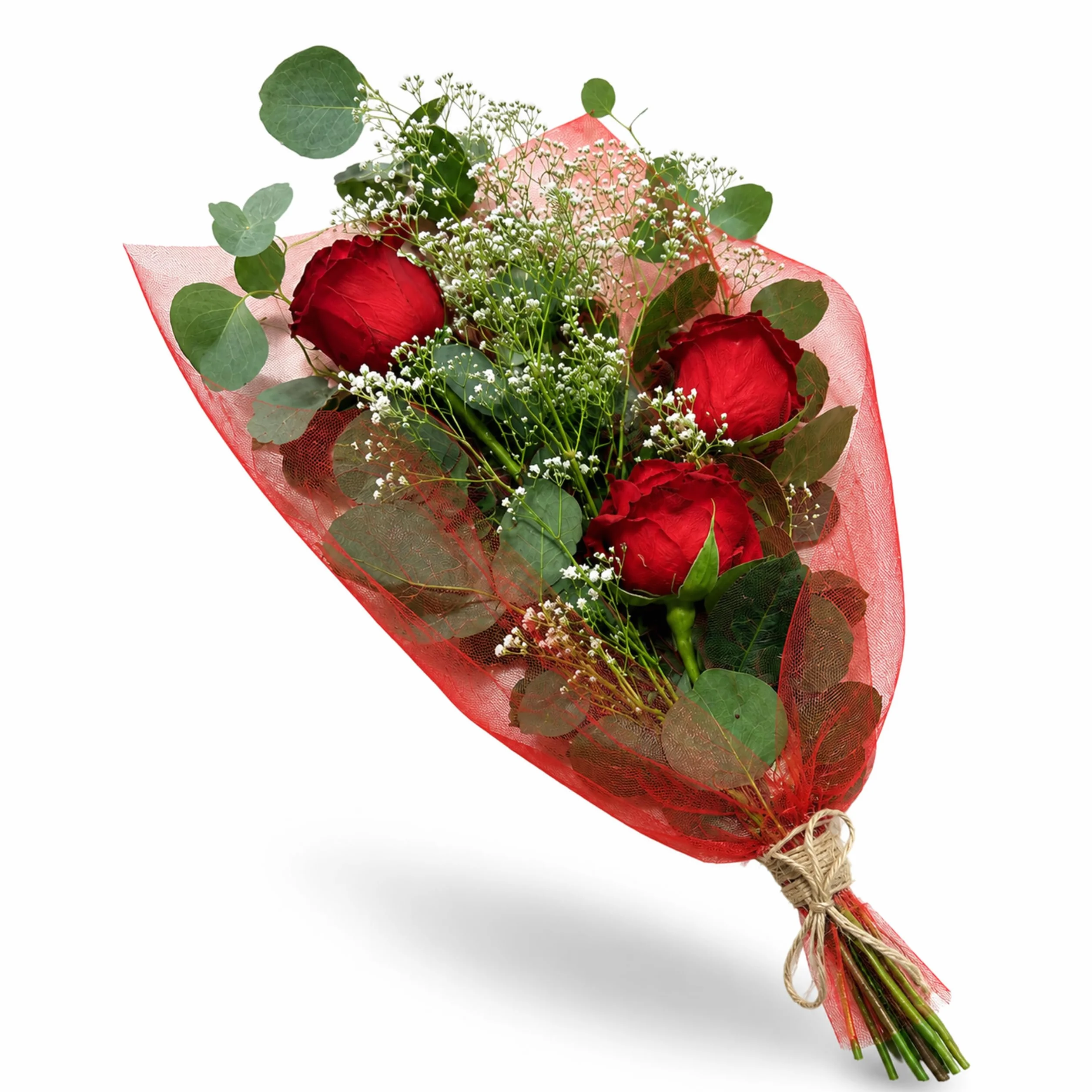 Ramo de 3 Rosas Frescas Naturales con Paniculata, Rosa Roja para Ella, Detalle Romántico