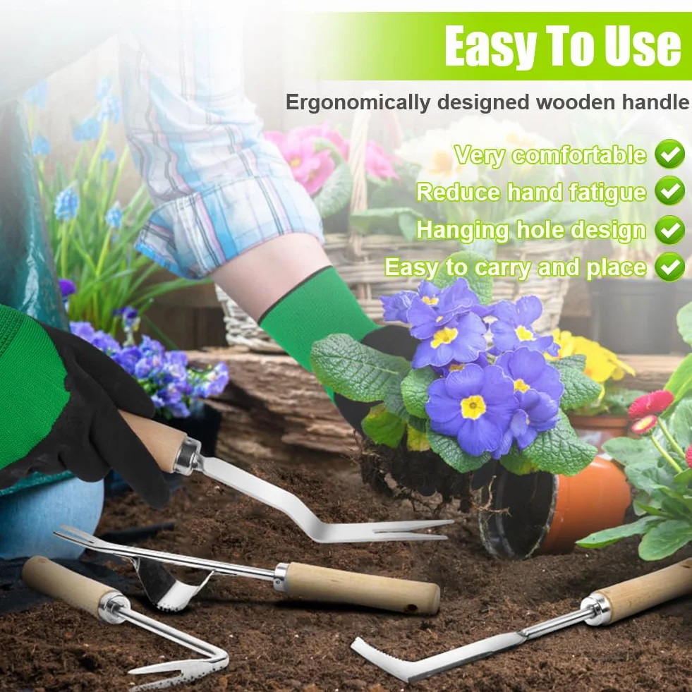 Desherbador Manual 3 Piezas Acero Inoxidable Kit Jardinería Mango Madera