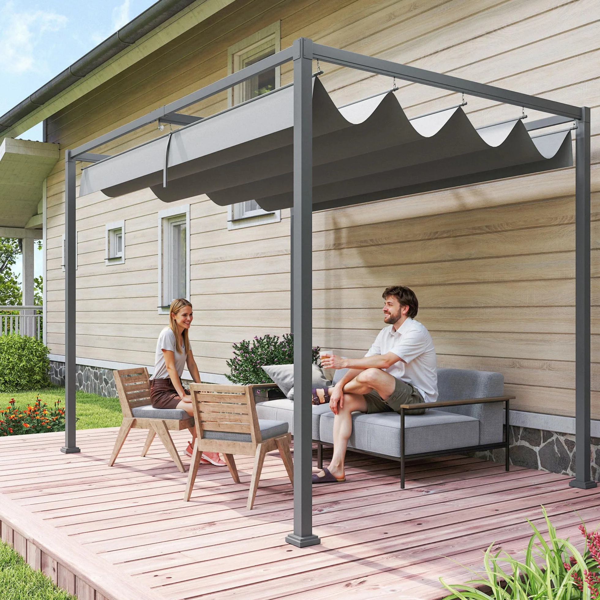 Outsunny Pérgola 3x2 m Cenador de Jardín Pabellón de Diseño Elegante con Techo Retráctil de Poliéster con Recubrimiento Resistente Anti-UV Impermeable para Celebraciones Fiestas Bodas Gris