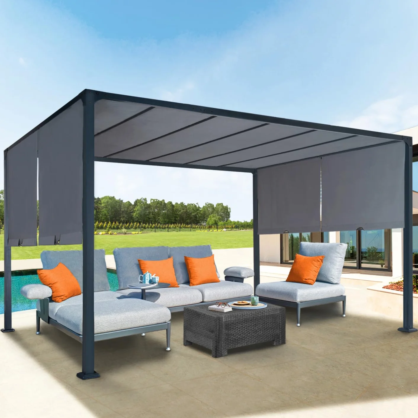 Pérgola cenador de jardín 3x4 m con 2 lonas deslizantes gris antracita