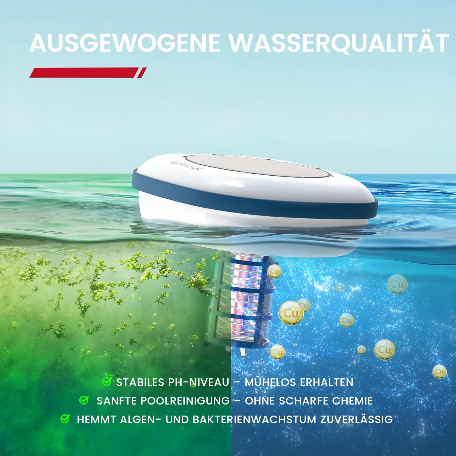Enhulk Ionizador solar para piscina, limpiador flotante, hasta 170.000 litros, azul