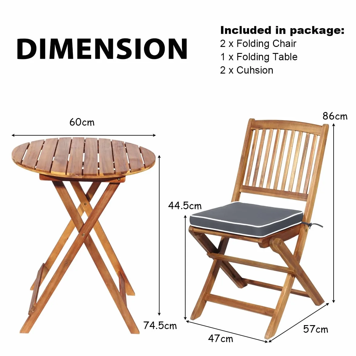 KOMFOTTEU Juego Mesa y 2 Sillas Plegables de Madera de Acacia para Exterior, Set con Cojines Gris