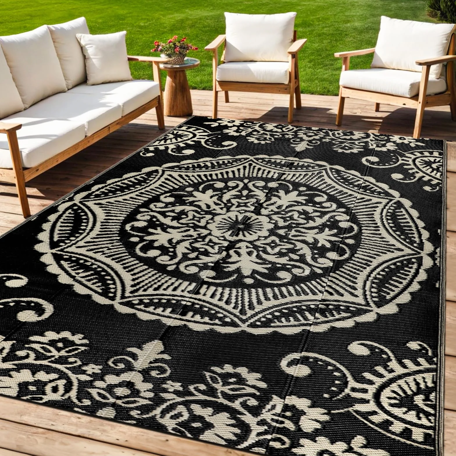 Alfombra para exteriores impermeable 5x8 pies negra y marrón reversible bohemia floral con bolsa de transporte