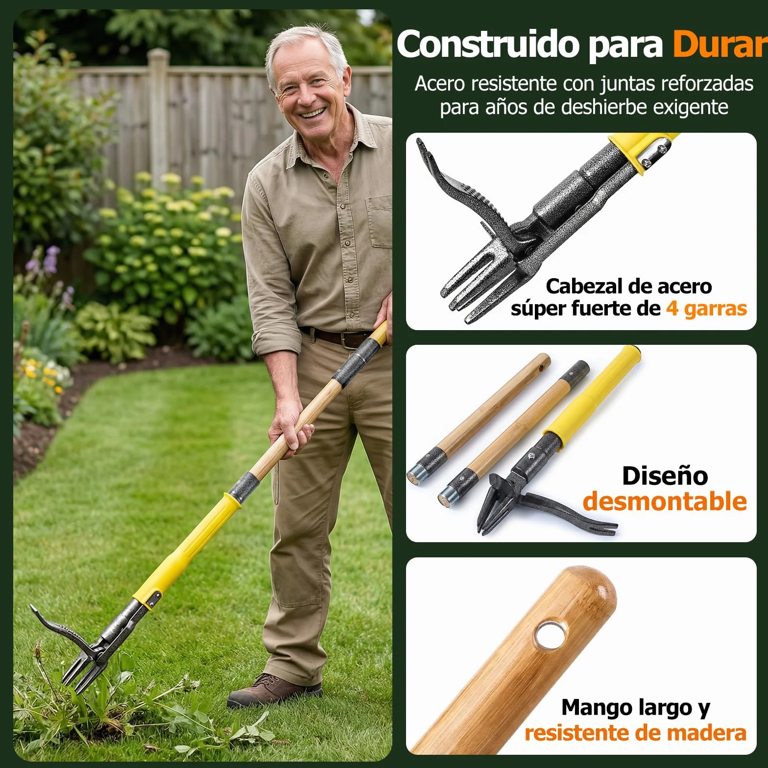 Desherbador Manual Extractor de Malas Hierbas 109 cm Mango Largo 4 Garras Extractor de Raíces