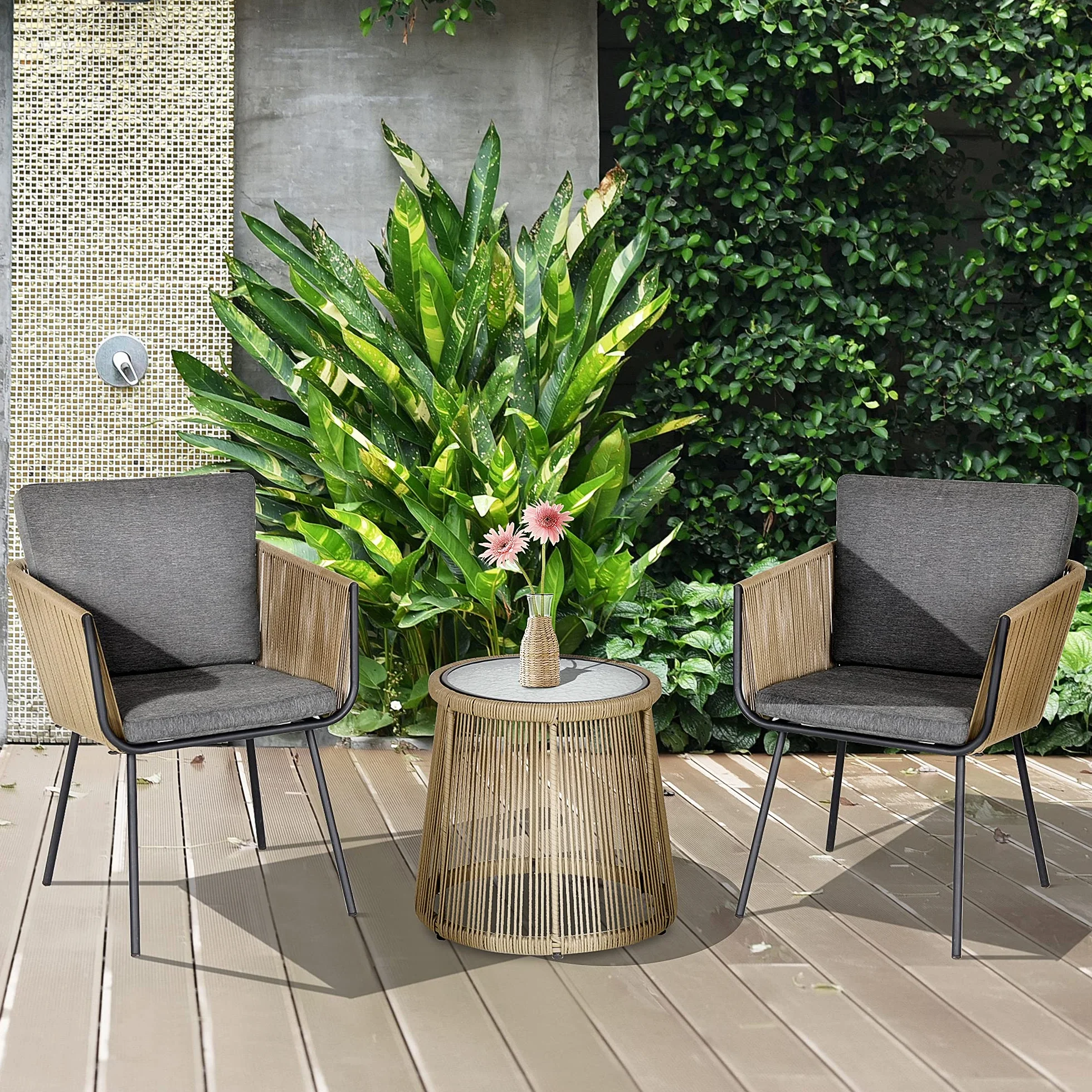 Outsunny Conjunto de Jardín 3 Piezas Silla y Mesa Ratán Cojines Vidrio Balcón Terraza Gris