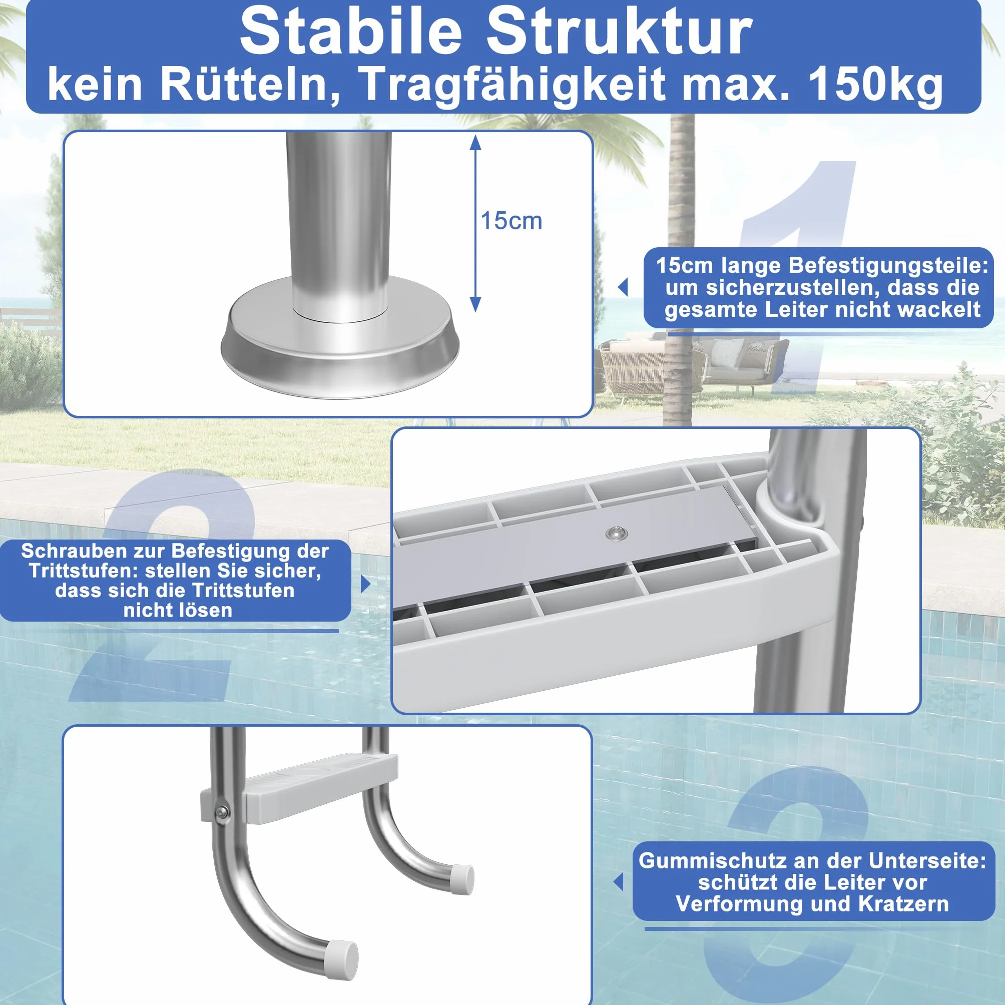 XMTECH Escalera de piscina acero inoxidable 4 peldaños incluye material montaje anclaje plástico almohadillas antideslizantes plateada