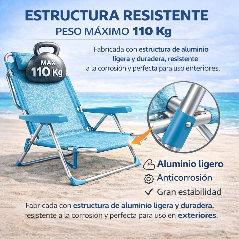 Silla Playa Plegable Metal Tela Textileno 48x62x85 cm Multiposiciones Reclinable Azul Turquesa