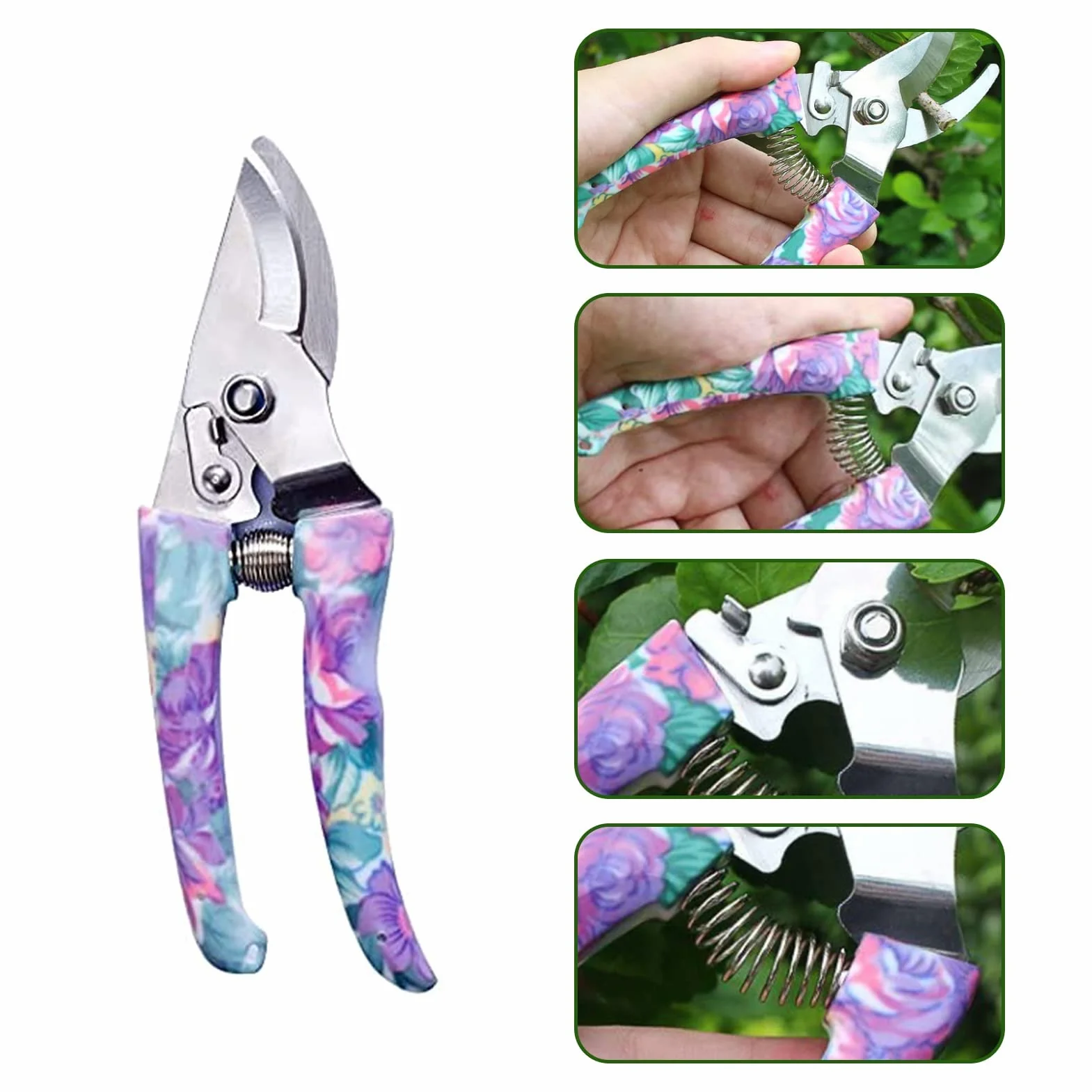 Juego de herramientas de jardinería con maleta, 10 herramientas de jardinería con estampado florales, mango ergonómico espátula rascador deshierente podadora pulverizadora