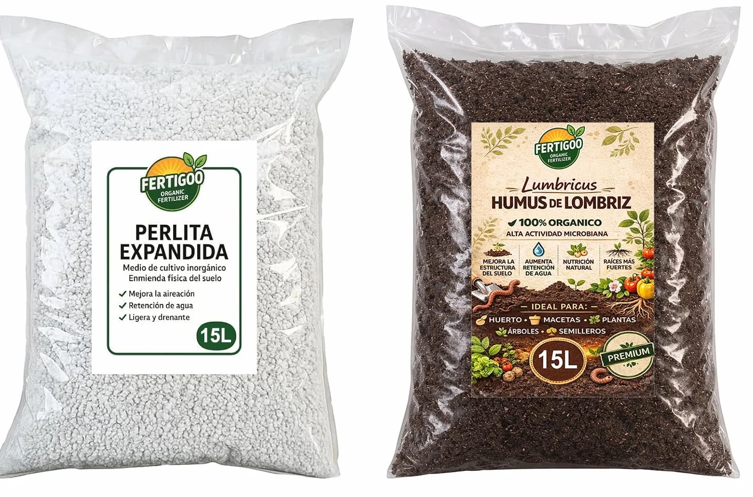 Fertigoo® Perlita 15L + Humus de Lombriz 15L | Aireación y Drenaje + Abono Orgánico | Ideal para Huerto, Macetas y Plantas Kit Profesional Completo 30L