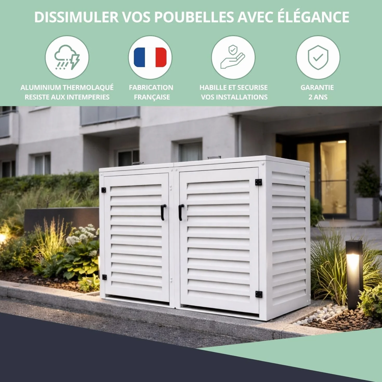 Refugio de basura exterior doble de aluminio termolacado para 2 cubos 120 L | Blanco RAL9010