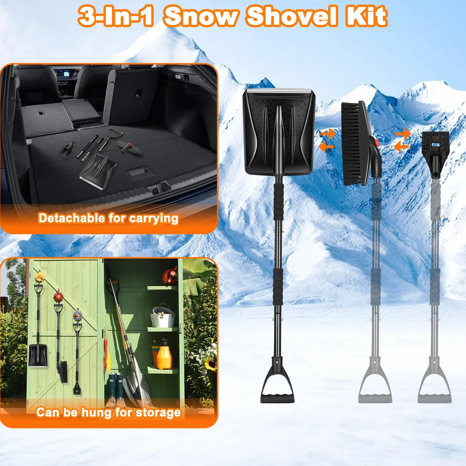 Pala de Nieve Ajustable 112 cm, Diseño Desmontable 3 Piezas, Mango en Forma de D para Coches, Camiones, Camping