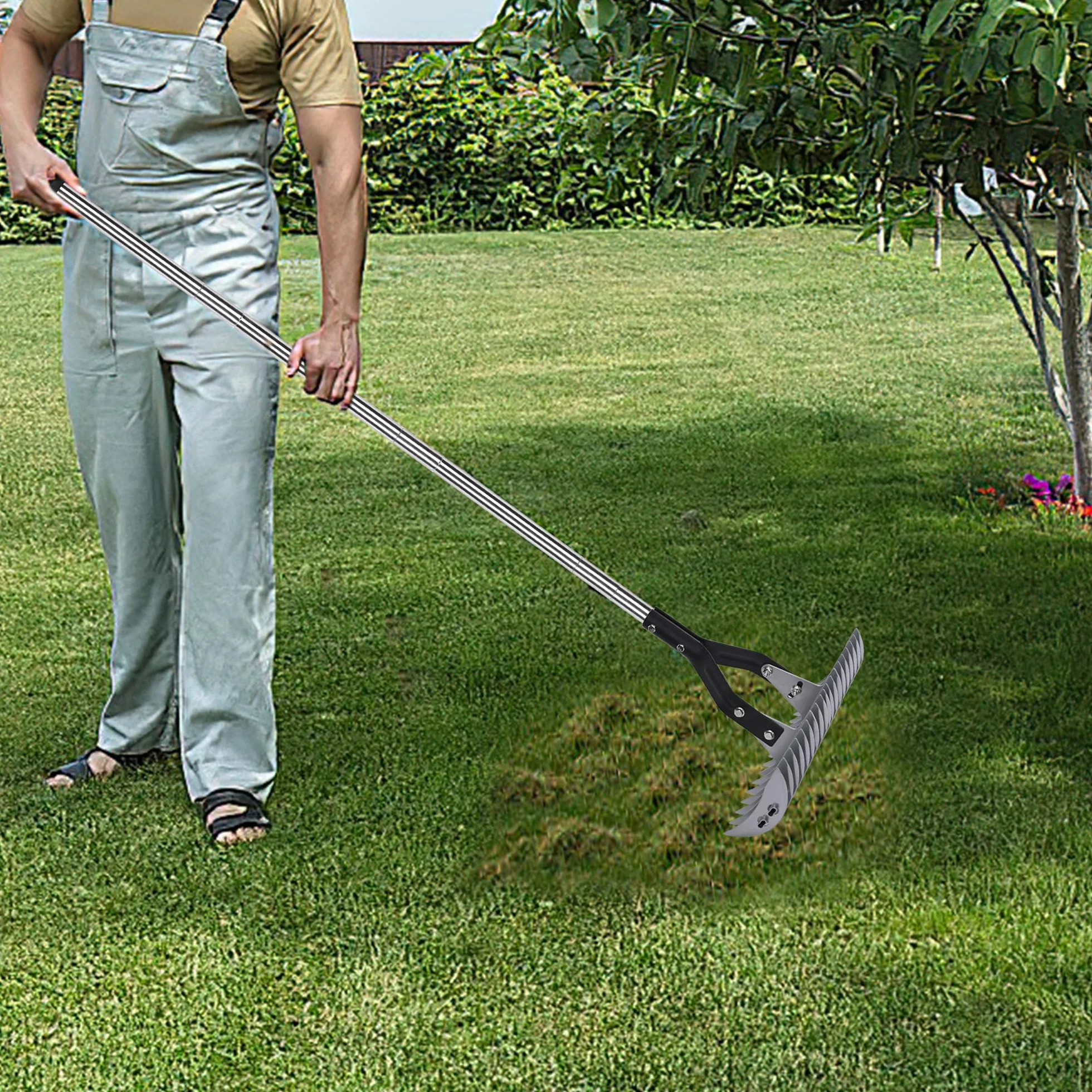 YEELOR Rastrillo de paja con mango ajustable de 15 pulgadas, herramienta de cabeza ajustable para eliminar hierba muerta