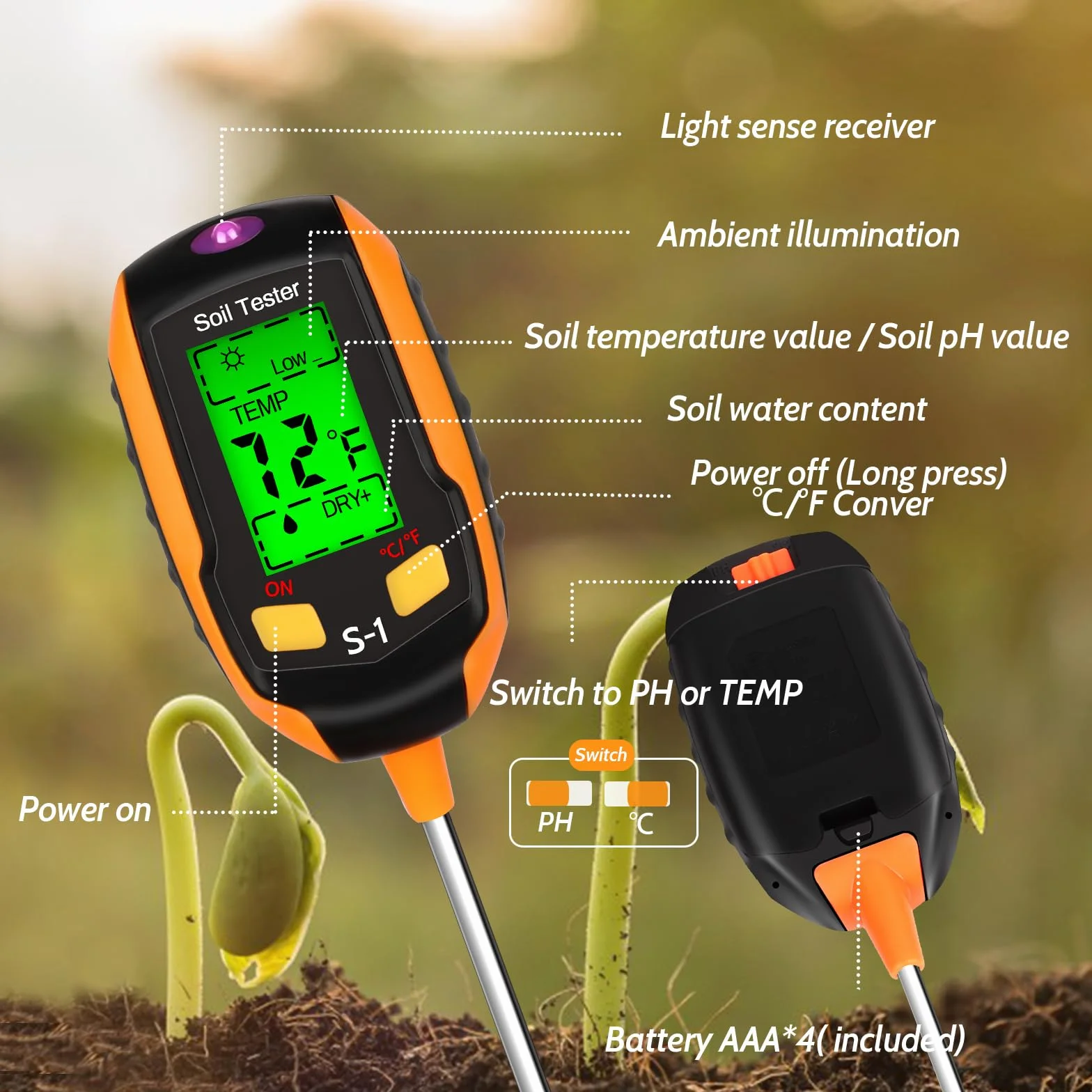 LWMTT Medidor de Suelo 4 en 1 pH Temperatura Humedad Luz Pantalla LCD Jardinería