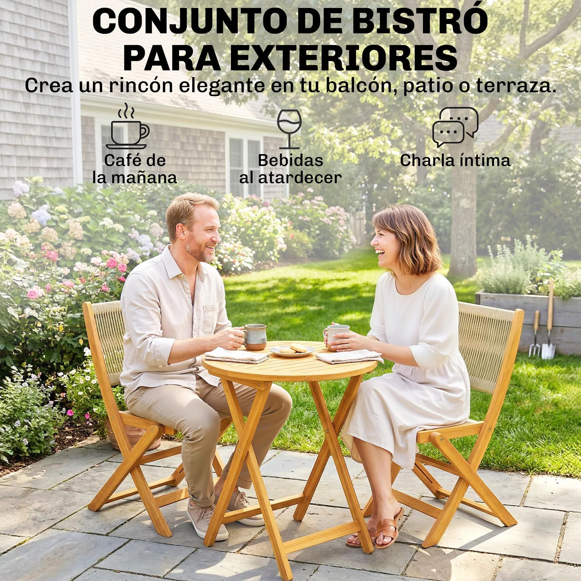 Outsunny Conjunto de Mesa y Sillas de Terraza Exterior de Madera 3 Piezas, 2 Sillas Plegables, Asiento Respaldo de Cuerda PP, Mesa Redonda para Patio