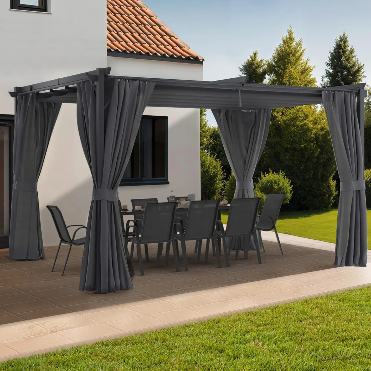 Pergola mosquitera de techo retráctil 3x4 m gris