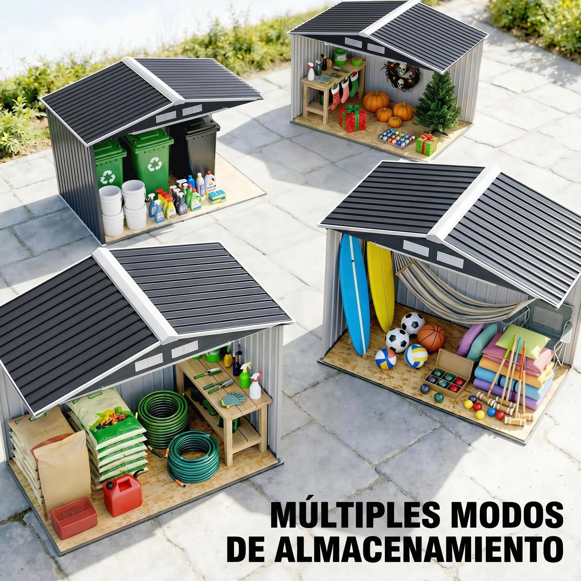 Outsunny Cobertizo de Jardín 2,42m² 213x130x185 cm Caseta Exterior 2 Puertas Correderas 4 Ventanas Almacenamiento Herramientas Gris Oscuro
