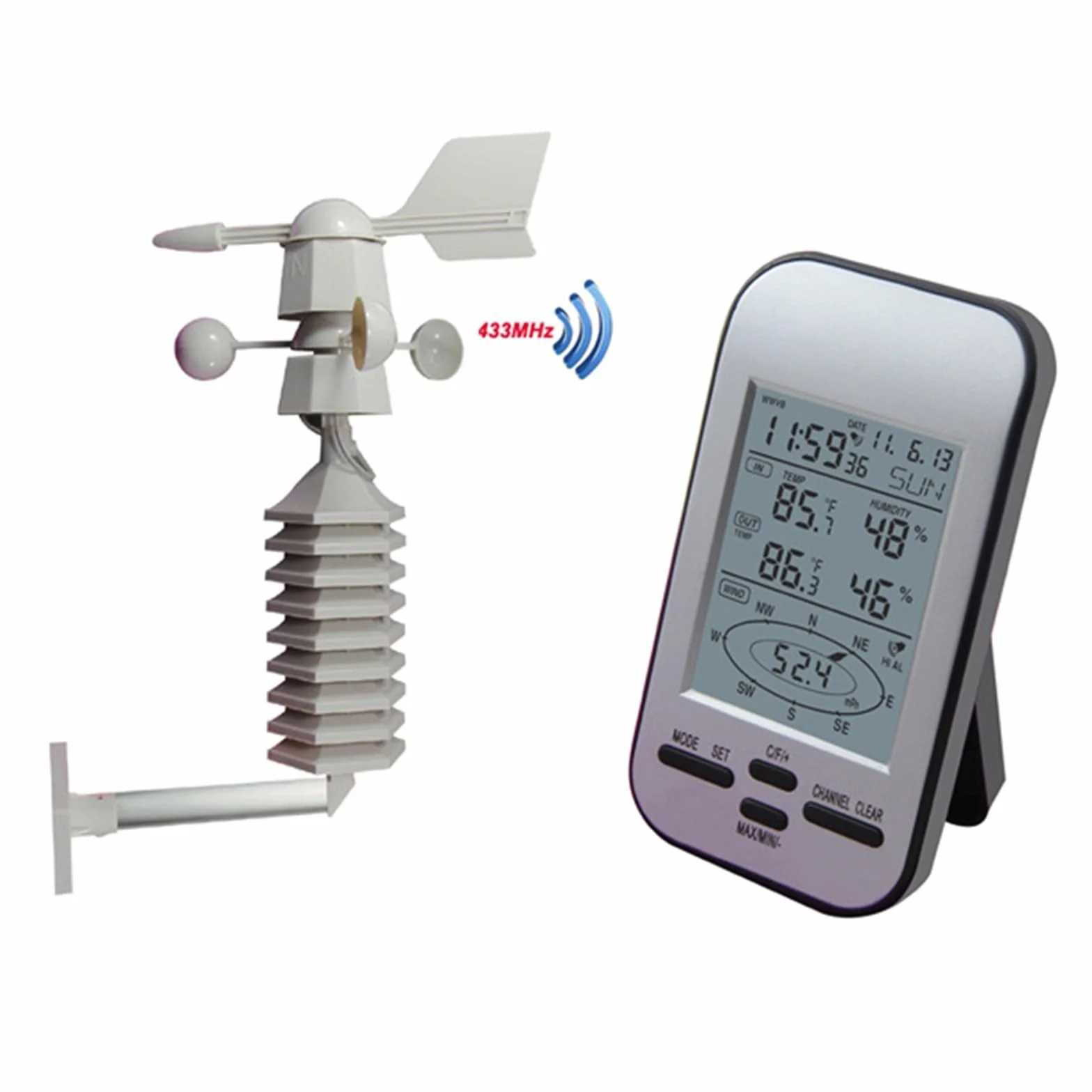 Estación meteorológica inalámbrica digital 433 MHz con anemómetro sensor velocidad dirección viento temperatura humedad pantalla LCD