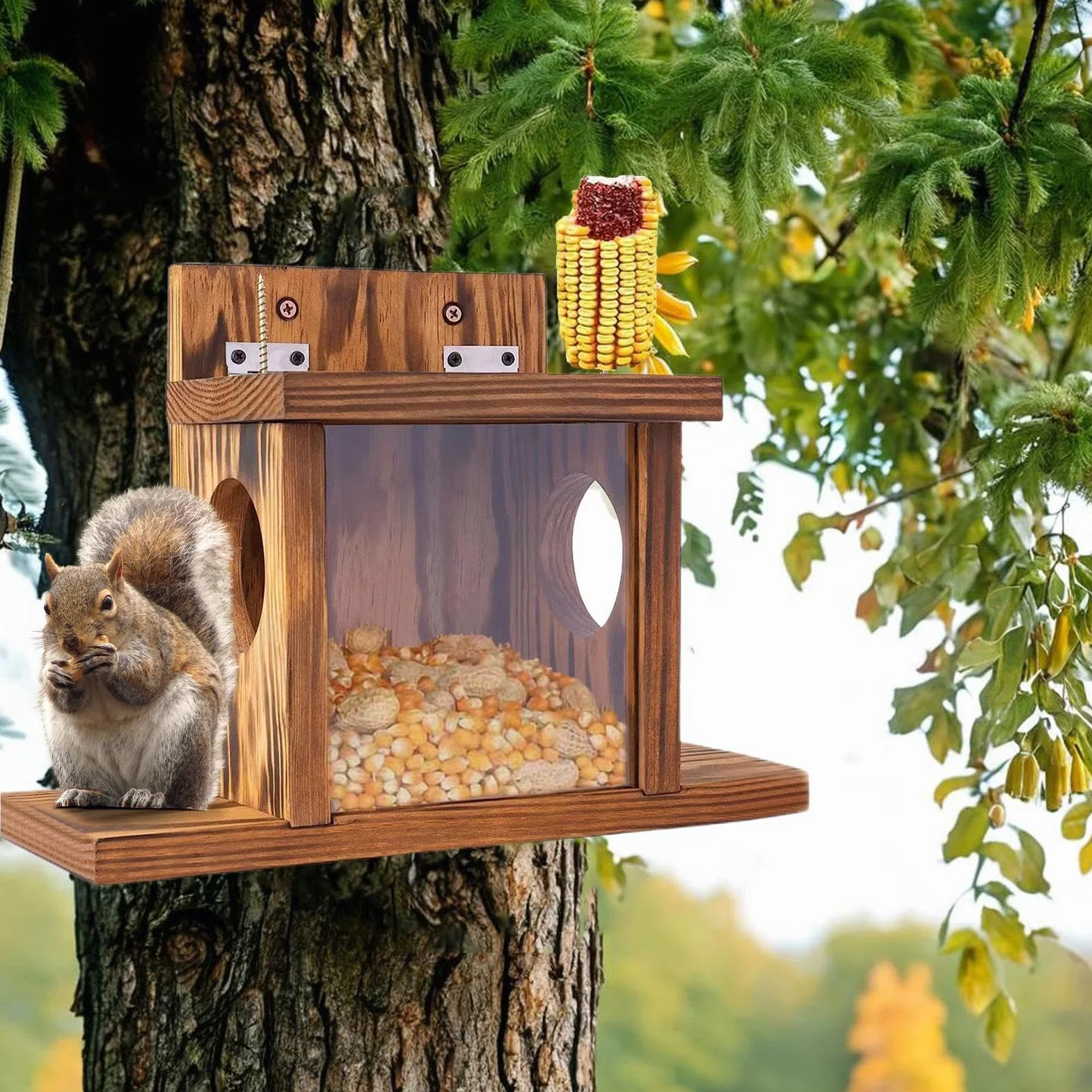 Casa de alimentación para ardillas Comedero de madera con barra de nueces