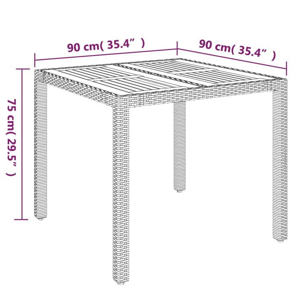 Mesa de jardín con tablero de madera gris, 90 x 90 x 75 cm, de ratán de polietileno resistente a la intemperie y acero pulverizado, altura regulable, ahorra espacio, ideal para terraza, balcón
