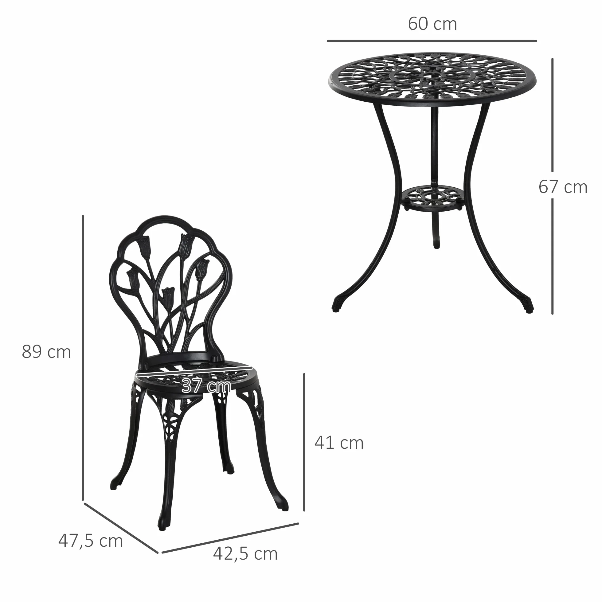 Outsunny Conjunto de Mesa y Sillas de Terraza Exterior de Aluminio de 3 Piezas Muebles de Jardín con Respaldo con Patrón de Tulipán y Mesa con Orificio para Sombrilla Negro