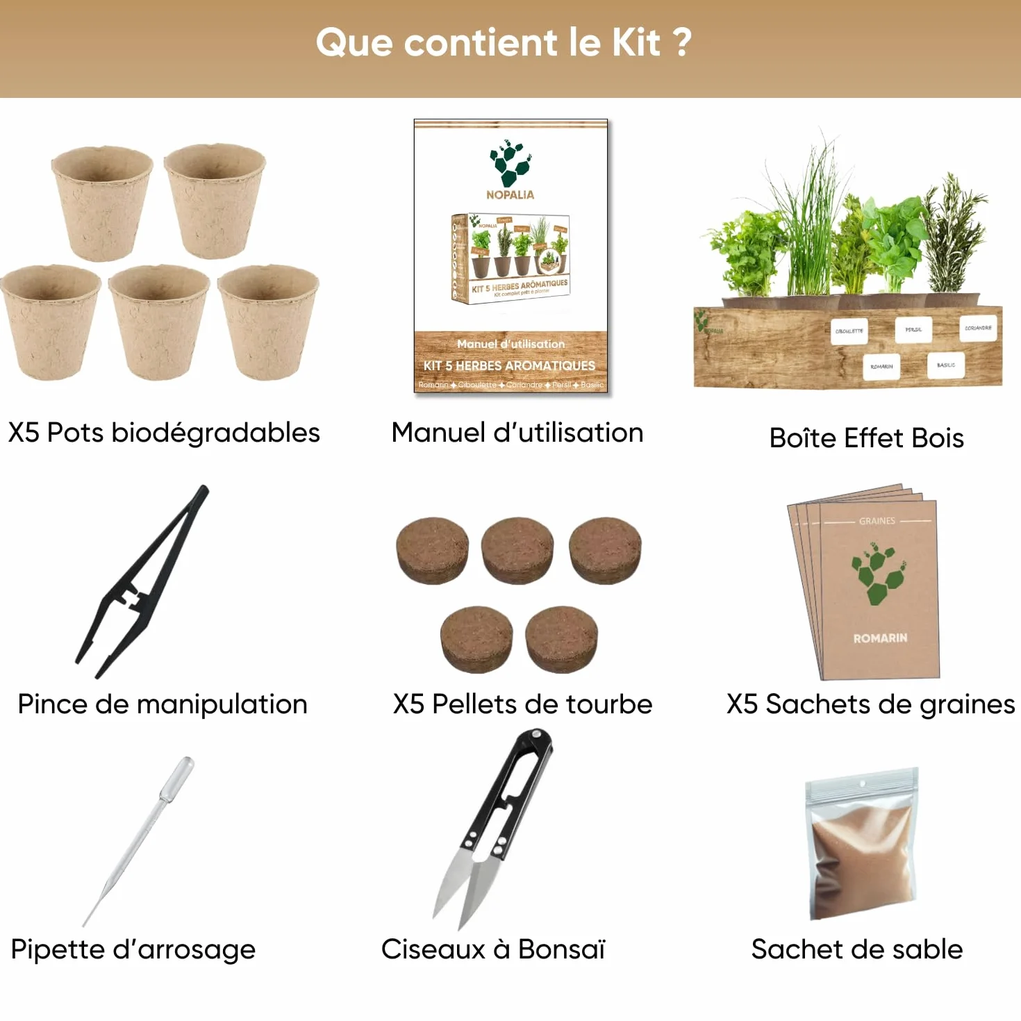 NOPALIA® Kit Hierbas Aromáticas Macetas Biodegradables Tijeras Accesorios Huerto Urbano Interior