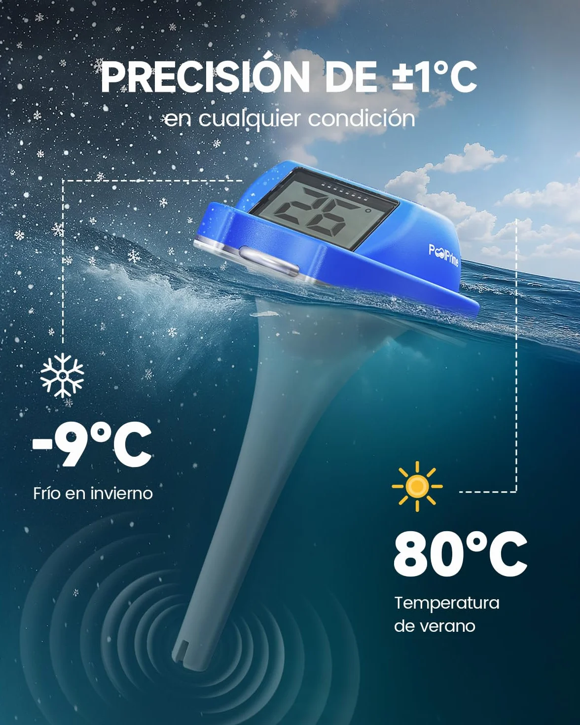 Termómetro Piscina Flotante Doble Pantalla Digital IPX7 para Bañeras de Hidromasaje y Piscinas