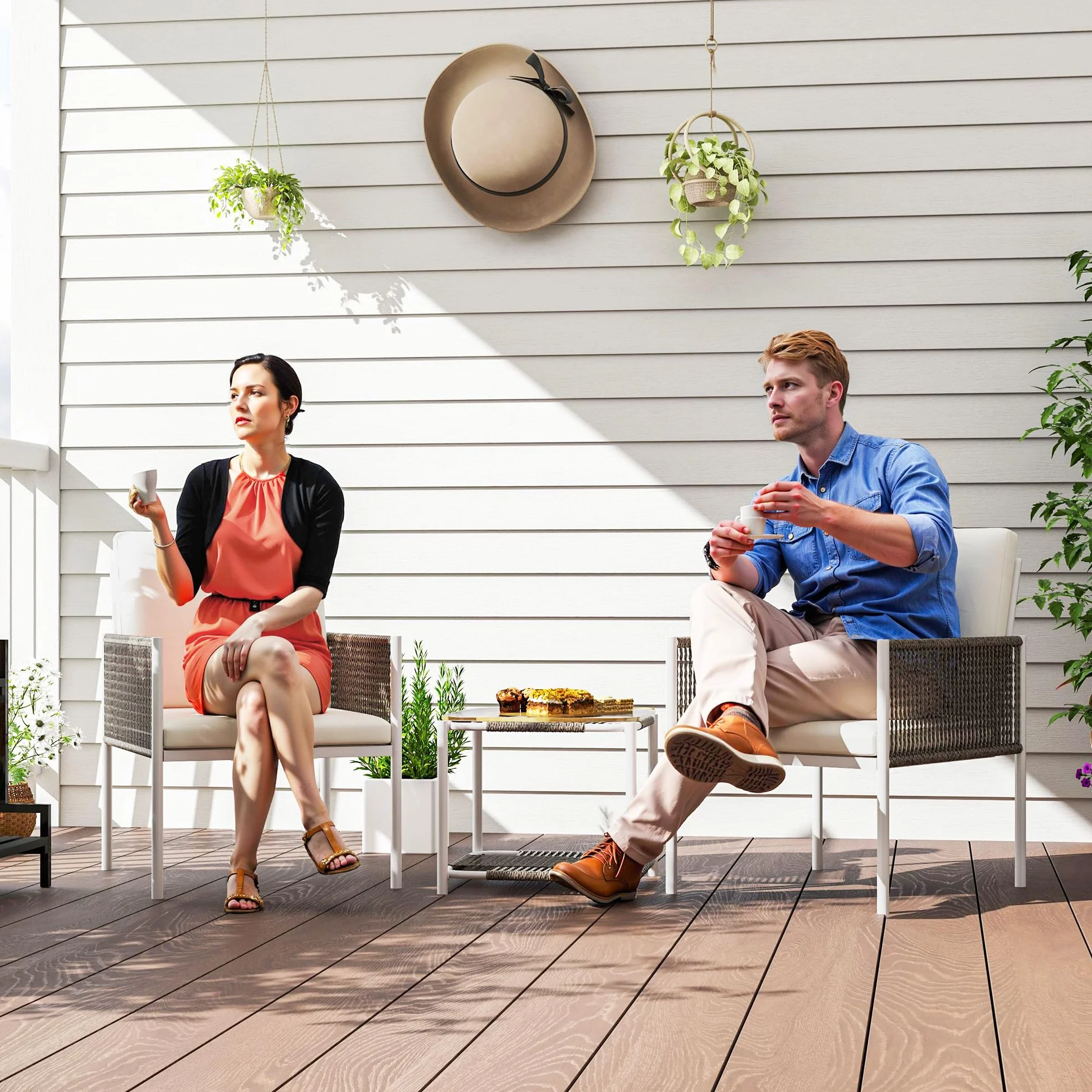 Outsunny Conjunto de Jardín 3 Piezas Mesa y 2 Sillas Ratán con Encimera Vidrio Cojines Acolchados Marrón Crema