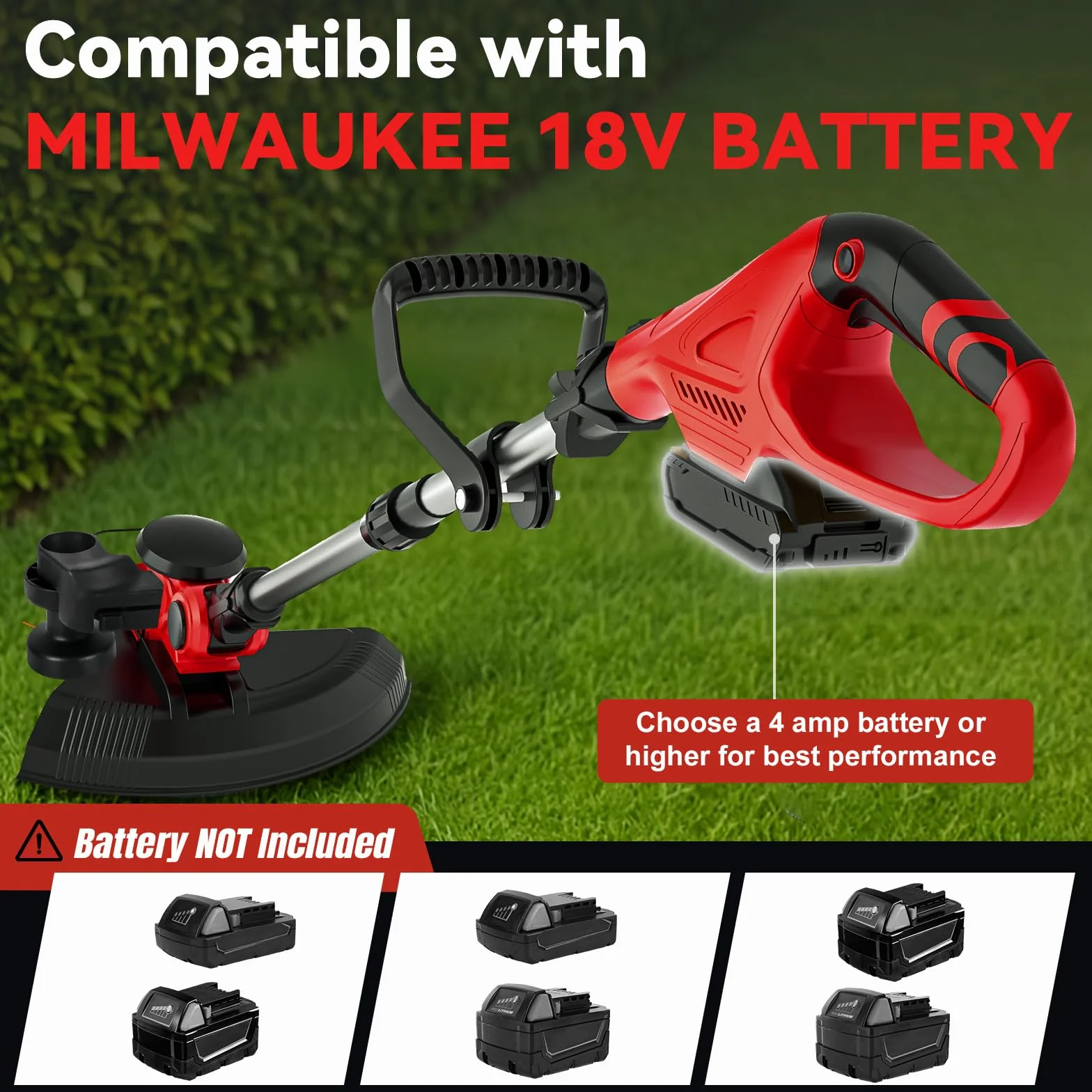 Desbrozadora Inalámbrica Plegable para Milwaukee 18V (sin Batería) | Cortabordes eléctrico sin escobillas, indicador de batería, cabezal giratorio 75° y mango giratorio 90°, para jardín