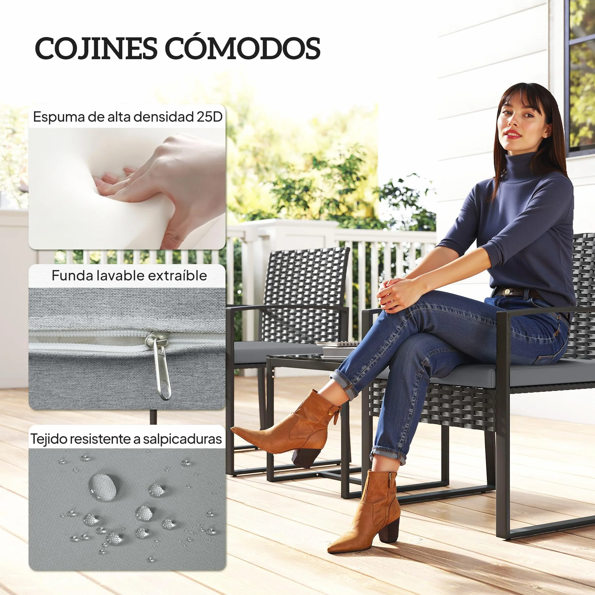 Outsunny Conjunto de Jardín Exterior de 3 Piezas, Muebles Jardín Exterior de Ratán con 2 Sillas con Cojines Lavables y Mesa de Vidrio Templado, Resistente a Intemperie, para Balcón, Patio, Gris Claro