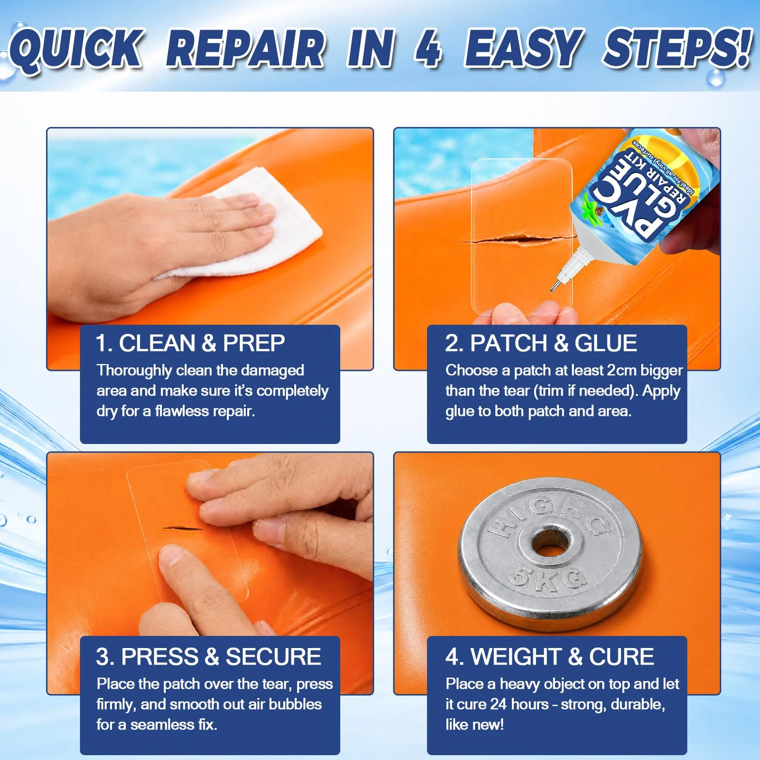 Vigorder Parches Piscina 60ml Kit Reparación Impermeable Vinilo Inflables Piscina Jacuzzi Barco PVC Balsa Kayak Exterior