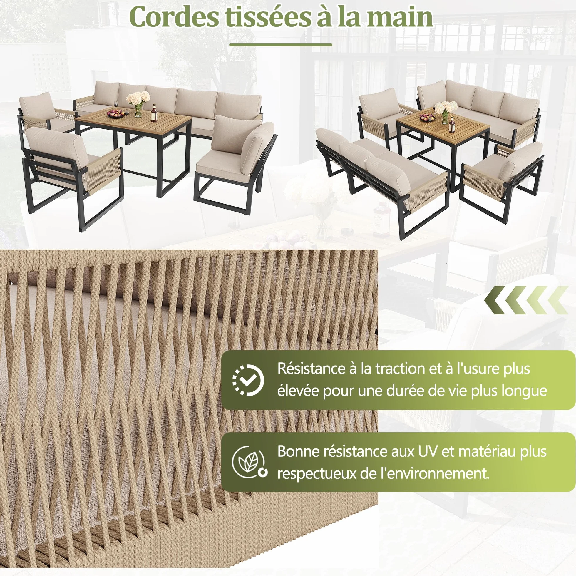 Juego de salón de jardín, grupo de comedor para 7-8 personas, muebles de jardín, juego de muebles de jardín, balcón, terraza, resistente a la intemperie, grupo de comedor moderno
