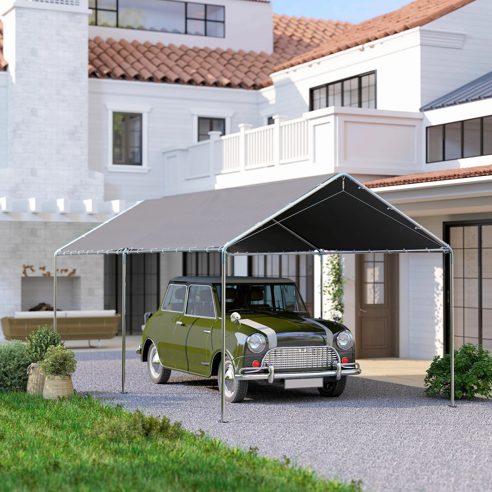 Outsunny Carpa Garaje 3x6 m Cochera Exterior Portátil Acero Galvanizado Impermeable Anti-UV Gris