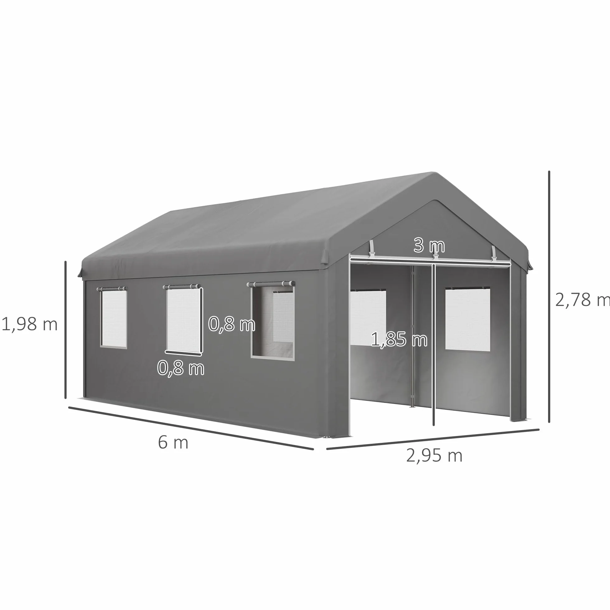 Outsunny Tente cochera Garaje 6L x 2,95l x 2,78H m Acero galvanizado PE Alta Densidad 160 g/m² Impermeable Anti-UV 2 Puertas enrollables 6 Ventanas