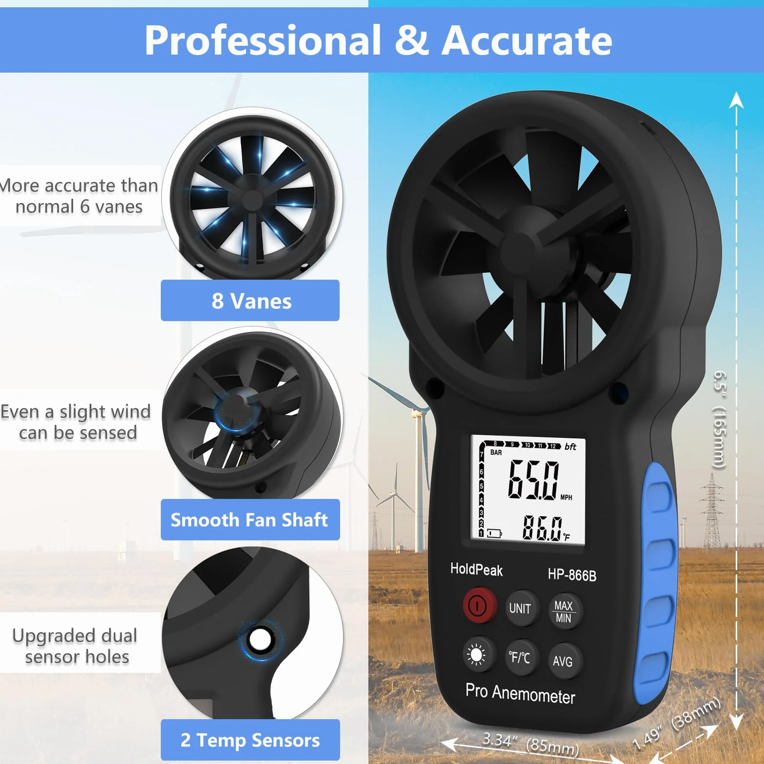 HOLDPEAK HP-866B-APP Anemómetro digital de mano con Bluetooth inalámbrico para medir velocidad del viento, trípope incluido (negro)