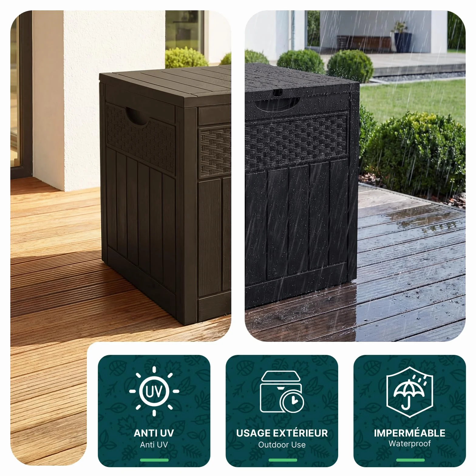 VOUNOT Arcón Exterior 126L PP Baúl Almacenaje con Tapa Bloqueable Impermeable 56x43x53 cm Marrón