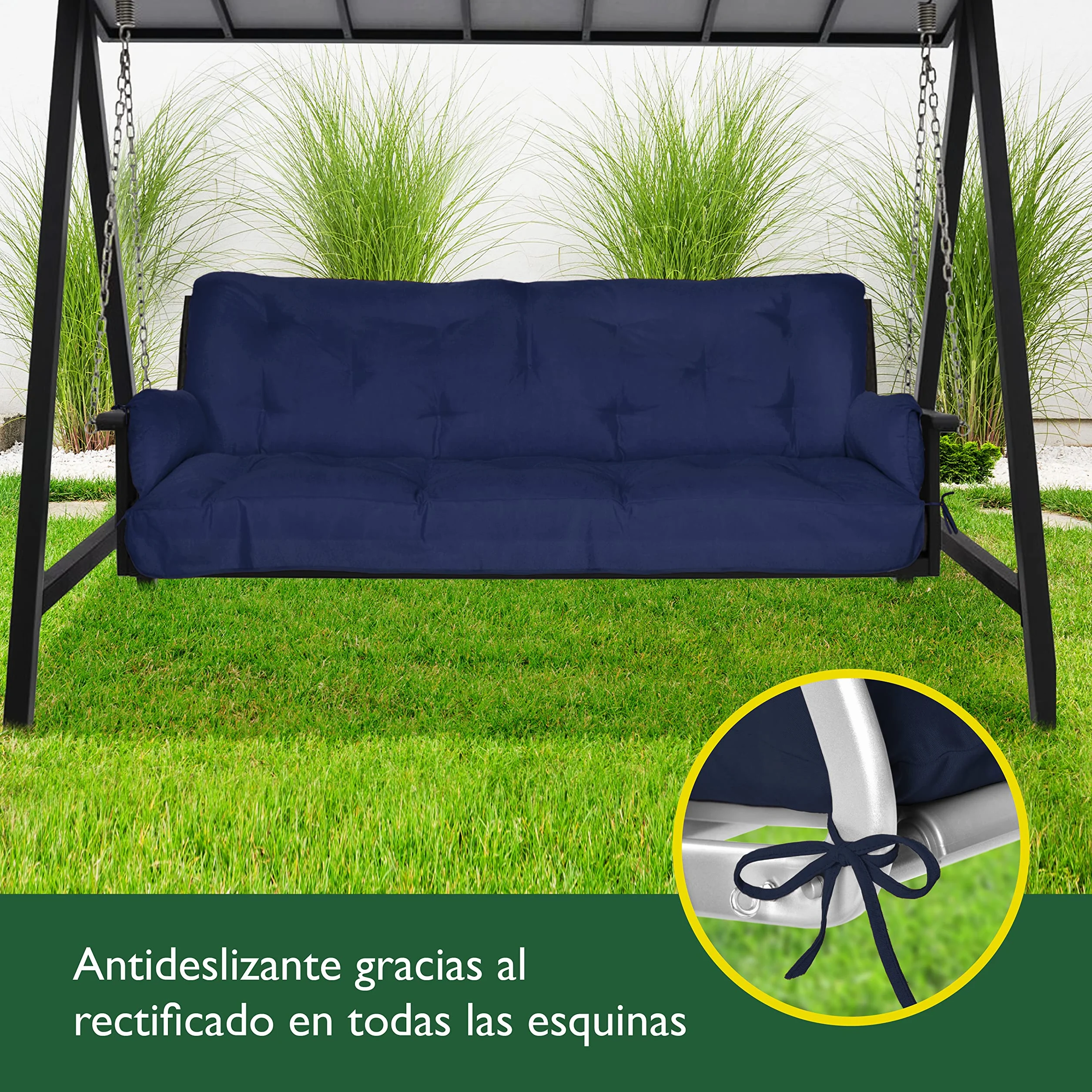 Beautissu Cojín para Columpio de Jardín 180x50x8 cm Flair HS – Cojín de Exterior con 2 Cojines – Colchoneta para Banco de Jardín, Relleno de Copos de Espuma - Azul Marino