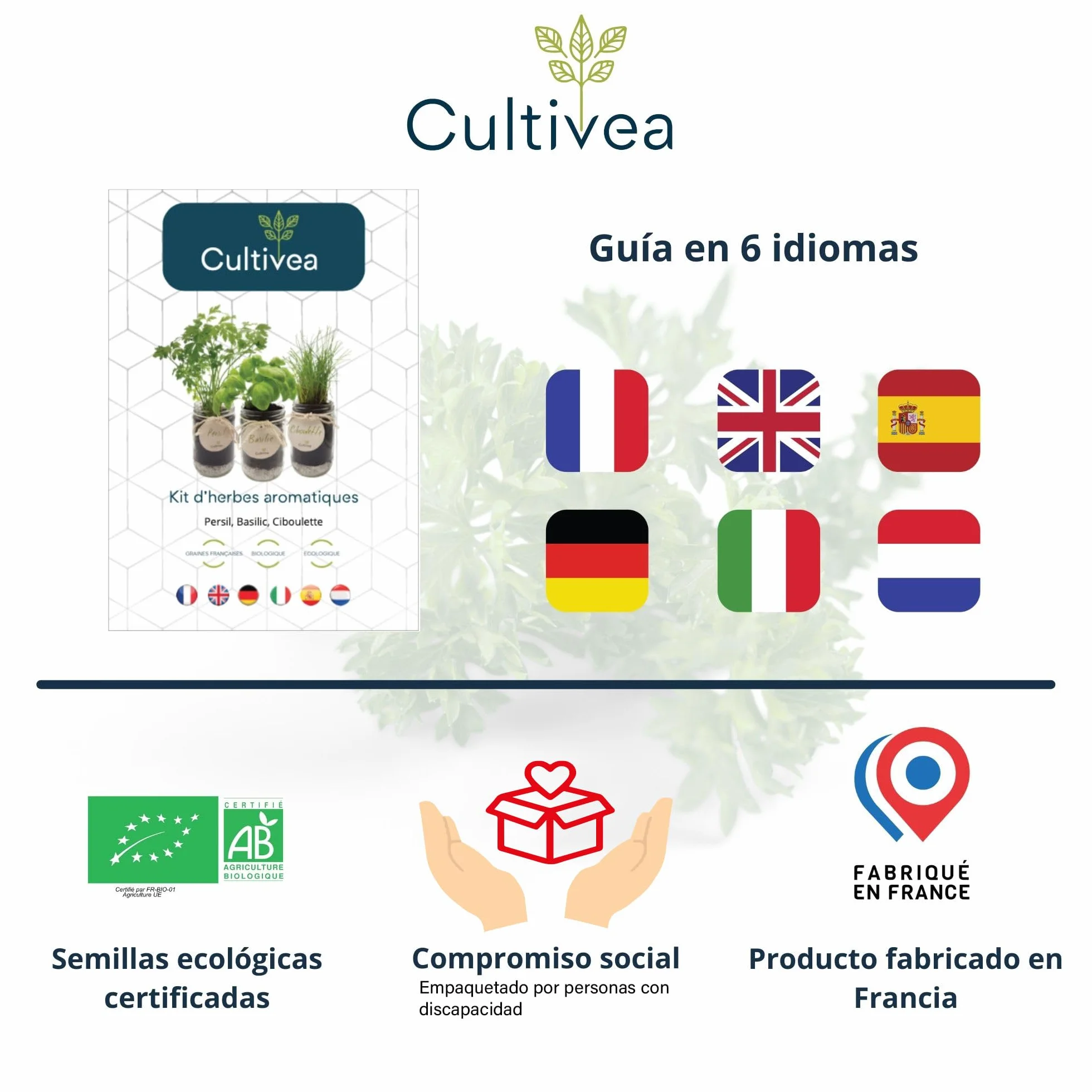 Cultivea® Kit cultivo hierbas aromáticas BIO Albahaca Perejil Cebollino Huerto urbano interior tarros cristal tierra