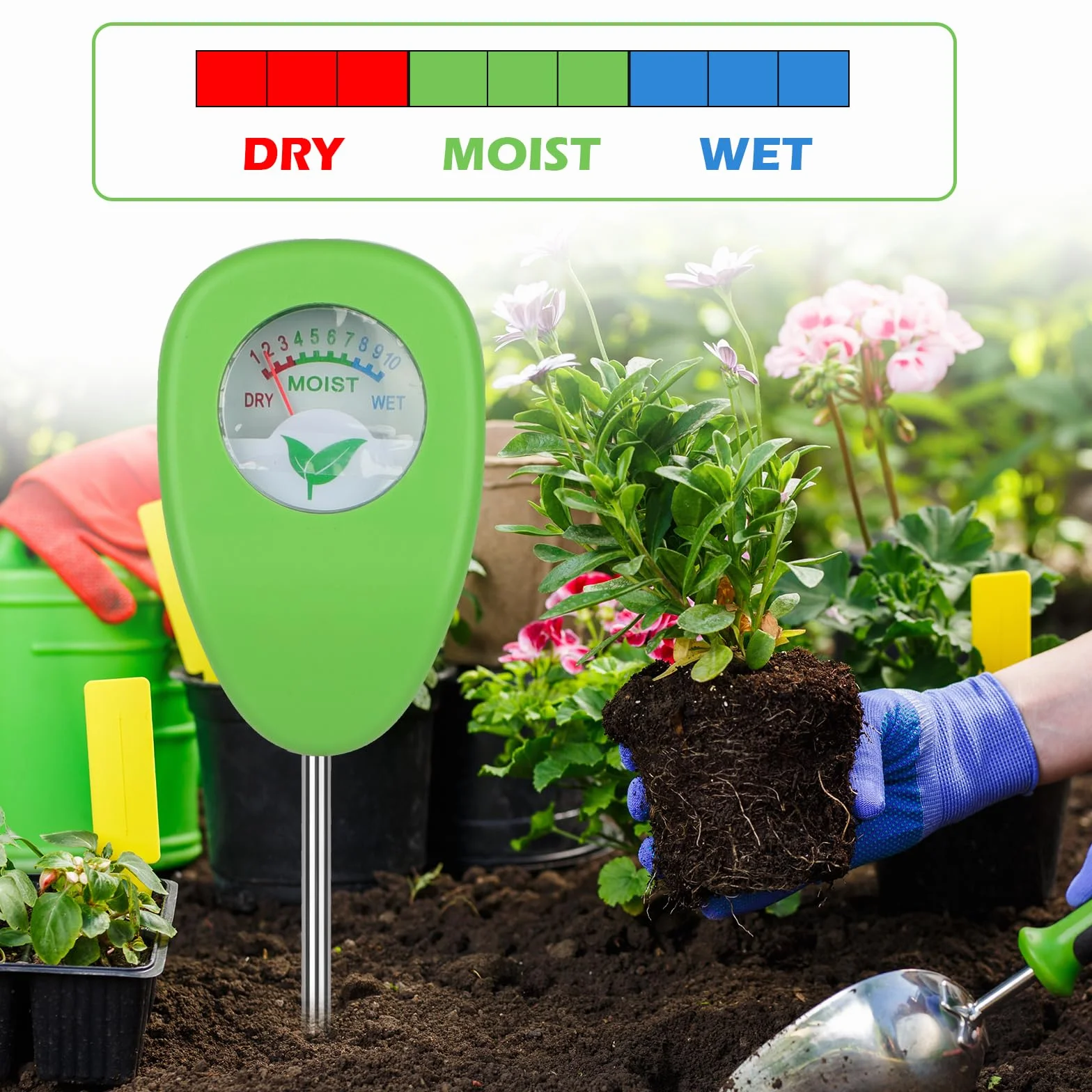 Medidor de Humedad del Suelo, Probador sin Baterías, Higrómetro para Plantas Interior y Exterior, Jardinería