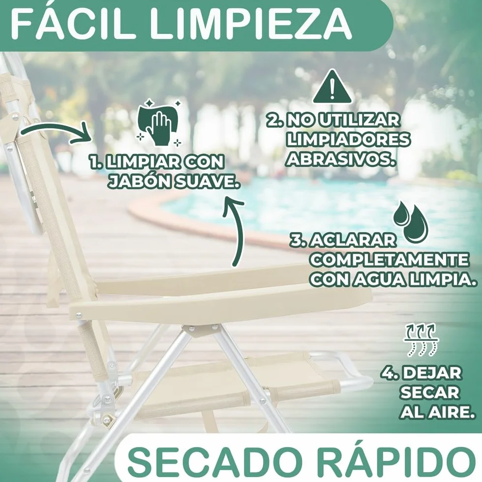 LOLAhome Sillas Playa Plegables Beige Aluminio 4 Posiciones Respaldo Textileno Transpirable